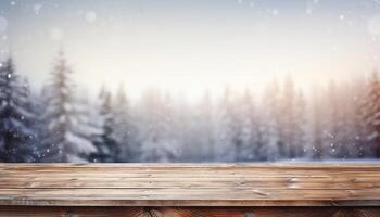 Empty Wooden table in front of winter landscape blurred background.AI Generated photo