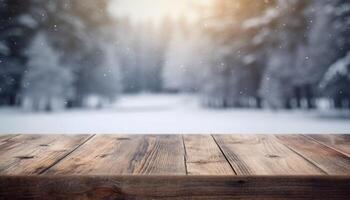 Empty Wooden table in front of winter landscape blurred background.AI Generated photo