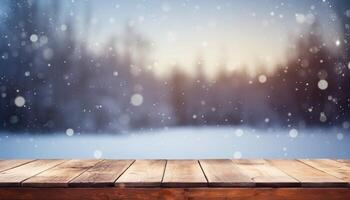 Empty Wooden table in front of winter landscape blurred background.AI Generated photo