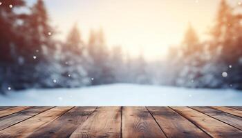 Empty Wooden table in front of winter landscape blurred background.AI Generated photo