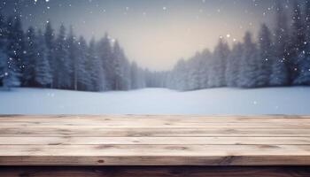 Empty Wooden table in front of winter landscape blurred background. photo