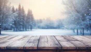 Empty Wooden table in front of winter landscape blurred background.AI Generated photo