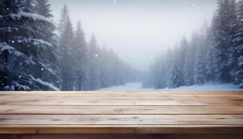 Empty Wooden table in front of winter landscape blurred background. photo