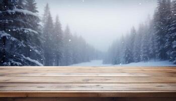 Empty Wooden table in front of winter landscape blurred background.AI Generated photo