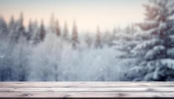 Empty Wooden table in front of winter landscape blurred background.AI Generated photo