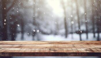 Empty Wooden table in front of winter landscape blurred background.AI Generated photo