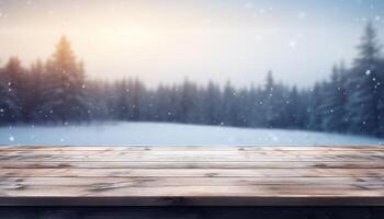 Empty Wooden table in front of winter landscape blurred background. photo