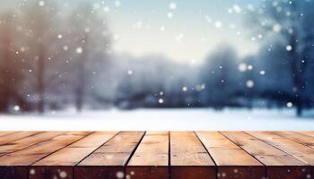 Empty Wooden table in front of winter landscape blurred background.AI Generated photo