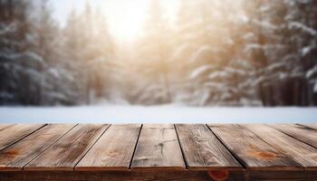 Empty Wooden table in front of winter landscape blurred background.AI Generated photo