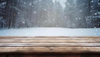 Empty Wooden table in front of winter landscape blurred background. photo
