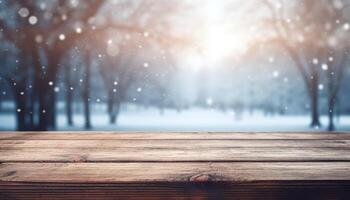 Empty Wooden table in front of winter landscape blurred background. photo