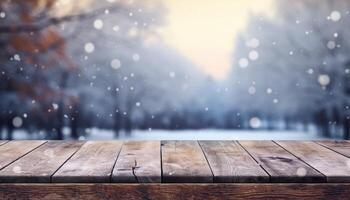 Empty Wooden table in front of winter landscape blurred background. photo