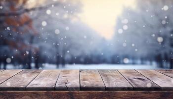 Empty Wooden table in front of winter landscape blurred background.AI Generated photo