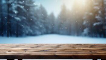 Empty Wooden table in front of winter landscape blurred background. photo