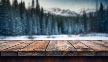 Empty Wooden table in front of winter landscape blurred background.AI Generated photo