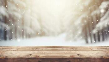 Empty Wooden table in front of winter landscape blurred background.AI Generated photo