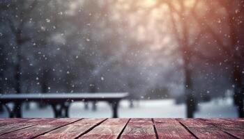 Empty Wooden table in front of winter landscape blurred background.AI Generated photo