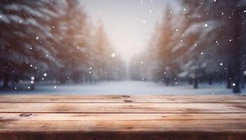 Empty Wooden table in front of winter landscape blurred background.AI Generated photo