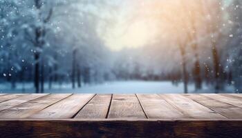 Empty Wooden table in front of winter landscape blurred background. photo