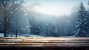 Empty Wooden table in front of winter landscape blurred background.AI Generated photo