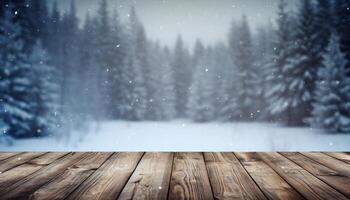 Empty Wooden table in front of winter landscape blurred background.AI Generated photo