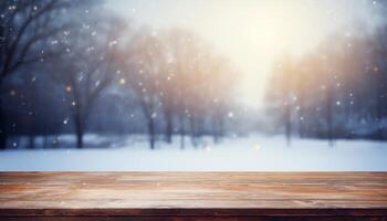 Empty Wooden table in front of winter landscape blurred background.AI Generated photo