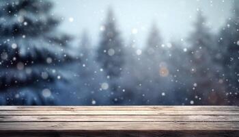 Empty Wooden table in front of winter landscape blurred background.AI Generated photo