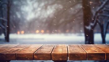 Empty Wooden table in front of winter landscape blurred background.AI Generated photo