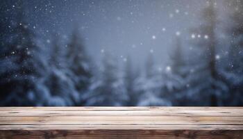 Empty Wooden table in front of winter landscape blurred background. photo