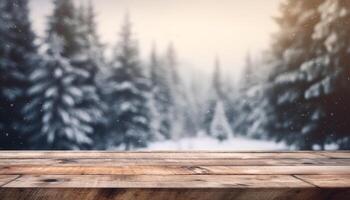 Empty Wooden table in front of winter landscape blurred background.AI Generated photo