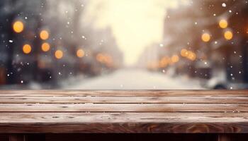 Empty Wooden table in front of winter landscape blurred background.AI Generated photo