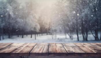 Empty Wooden table in front of winter landscape blurred background.AI Generated photo