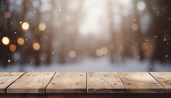 Empty Wooden table in front of winter landscape blurred background. photo