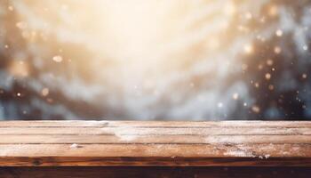 Empty Wooden table in front of winter landscape blurred background. photo