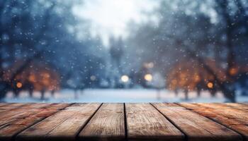 Empty Wooden table in front of winter landscape blurred background.AI Generated photo