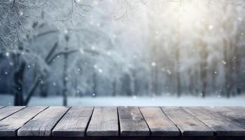 Empty Wooden table in front of winter landscape blurred background.AI Generated photo