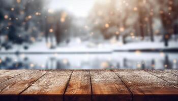 Empty Wooden table in front of winter landscape blurred background. photo