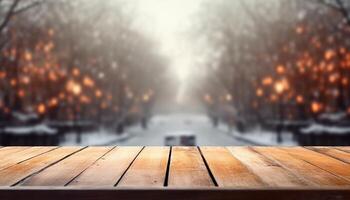 Empty Wooden table in front of winter landscape blurred background.AI Generated photo