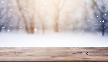 Empty Wooden table in front of winter landscape blurred background. photo