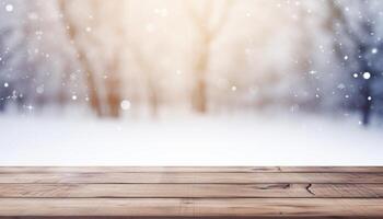 Empty Wooden table in front of winter landscape blurred background.AI Generated photo