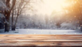 Empty Wooden table in front of winter landscape blurred background.AI Generated photo