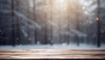 Empty Wooden table in front of winter landscape blurred background. photo