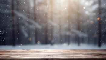 Empty Wooden table in front of winter landscape blurred background.AI Generated photo