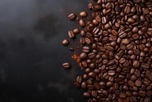 Fresh Coffee Beans On Dark Background with empty space for text. photo
