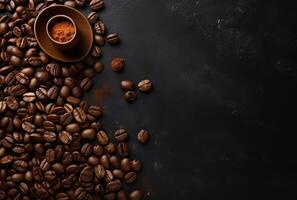 Fresh Coffee Beans On Dark Background with empty space for text. photo