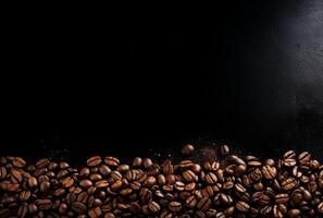 Fresh Coffee Beans On Dark Background with empty space for text. photo