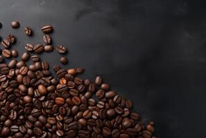 Fresh Coffee Beans On Dark Background with empty space for text. photo