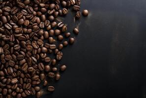 Fresh Coffee Beans On Dark Background with empty space for text. photo