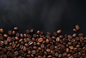 Fresh Coffee Beans On Dark Background with empty space for text. photo