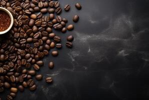Fresh Coffee Beans On Dark Background with empty space for text. photo